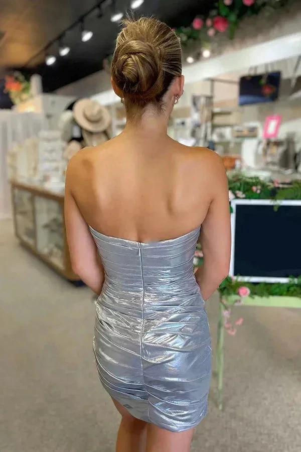 Sparkly Beaded Strapless Tight Satin Silver Homecoming Dress PD536 by pgmdress