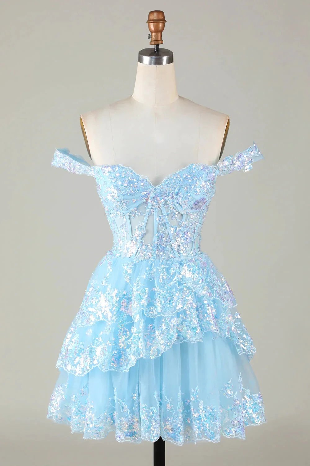Sparkly Dark Blue A Line Off The Shoulder Corset Tiered Short Homecoming Dress with Sequins by WEDTREND