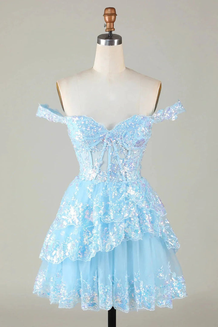 Sparkly Dark Blue A Line Off The Shoulder Corset Tiered Short Homecoming Dress with Sequins by WEDTREND