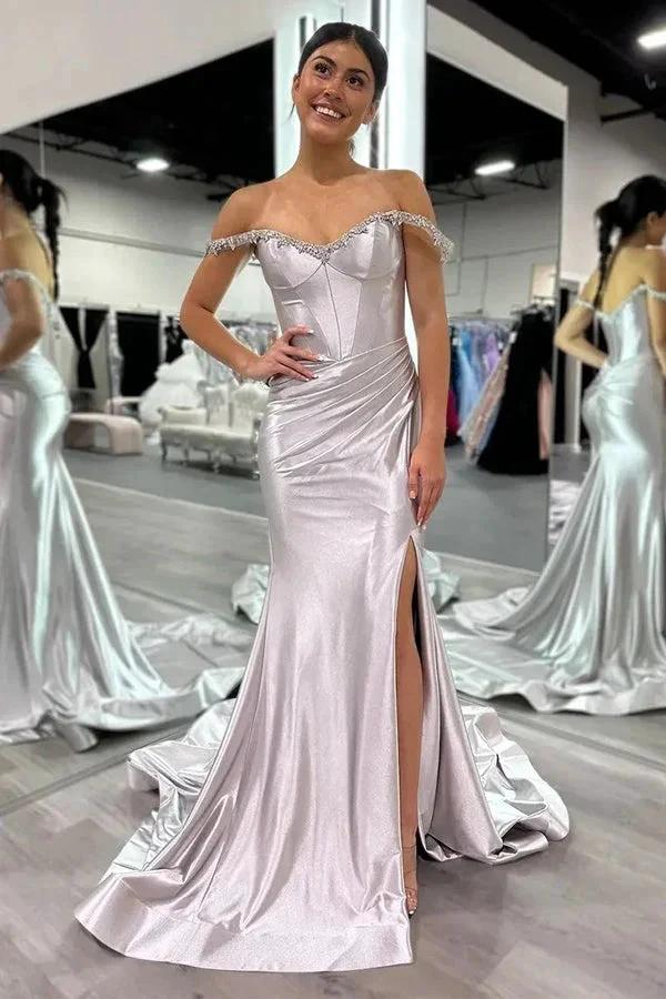 Sparkly Mermaid Silver Off the Shoulder Corset Long Prom Dress PSK582 by Pgmdress