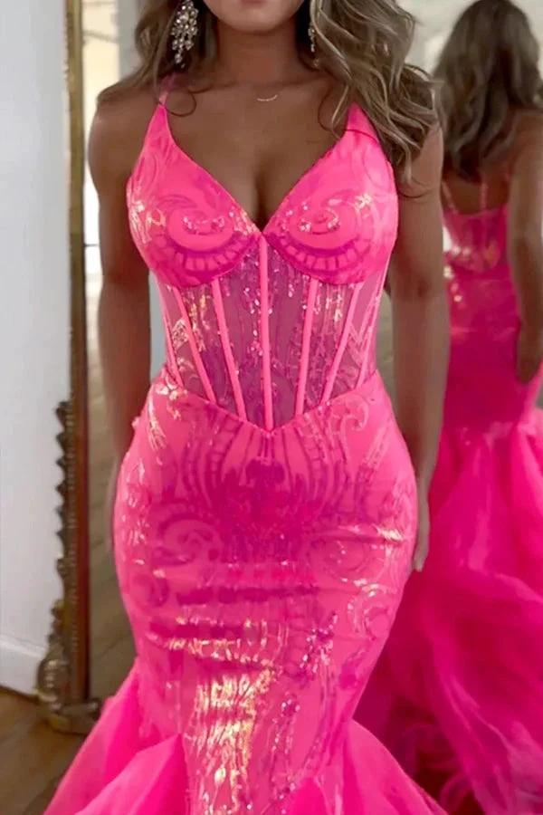 Sparkly Mermaid Spaghetti Straps Hot Pink Prom Dress PSK568 by pgmdress