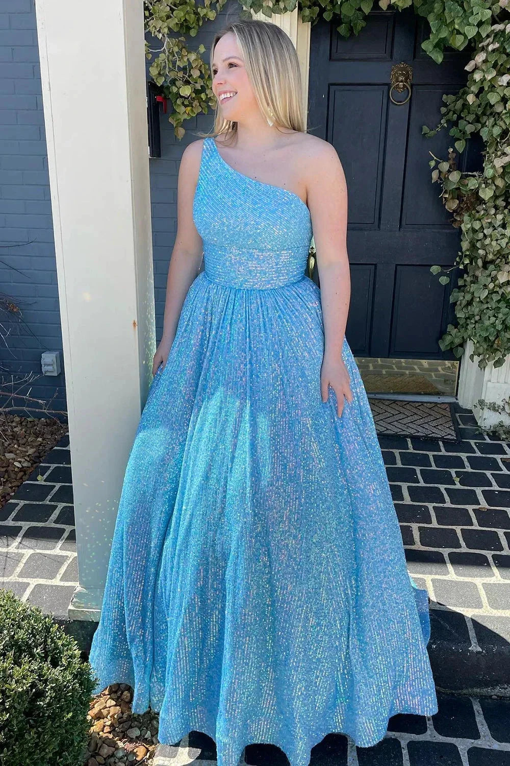Sparkly Plus Size Light Blue One Shoulder A Line Sequins Prom Dress PSK465 by pgmdress