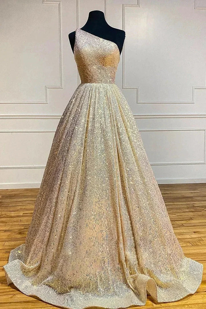 Sparkly Plus Size Light Blue One Shoulder A Line Sequins Prom Dress PSK465 by pgmdress