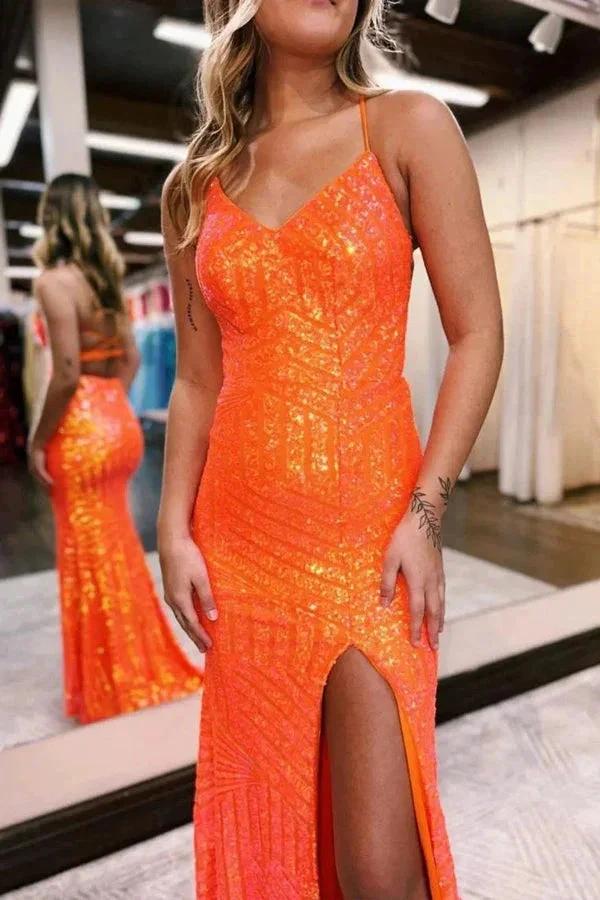 Sparkly Sequin Orange Long Glitter Prom Dress With Split PSK443 by pgmdress