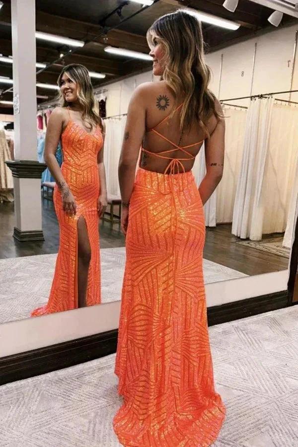 Sparkly Sequin Orange Long Glitter Prom Dress With Split PSK443 by pgmdress