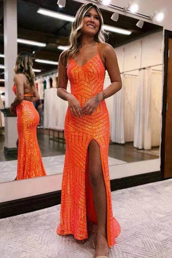 Sparkly Sequin Orange Long Glitter Prom Dress With Split PSK443 by pgmdress