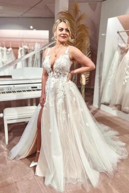 Split Front A-Line Tulle Sleeveless Spaghetti Straps Sweetheart Wedding Dresses with Appliques by misshow.com