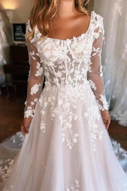 Square Neck Long Sleeves A-Line Lace Wedding Dress by misshow.com