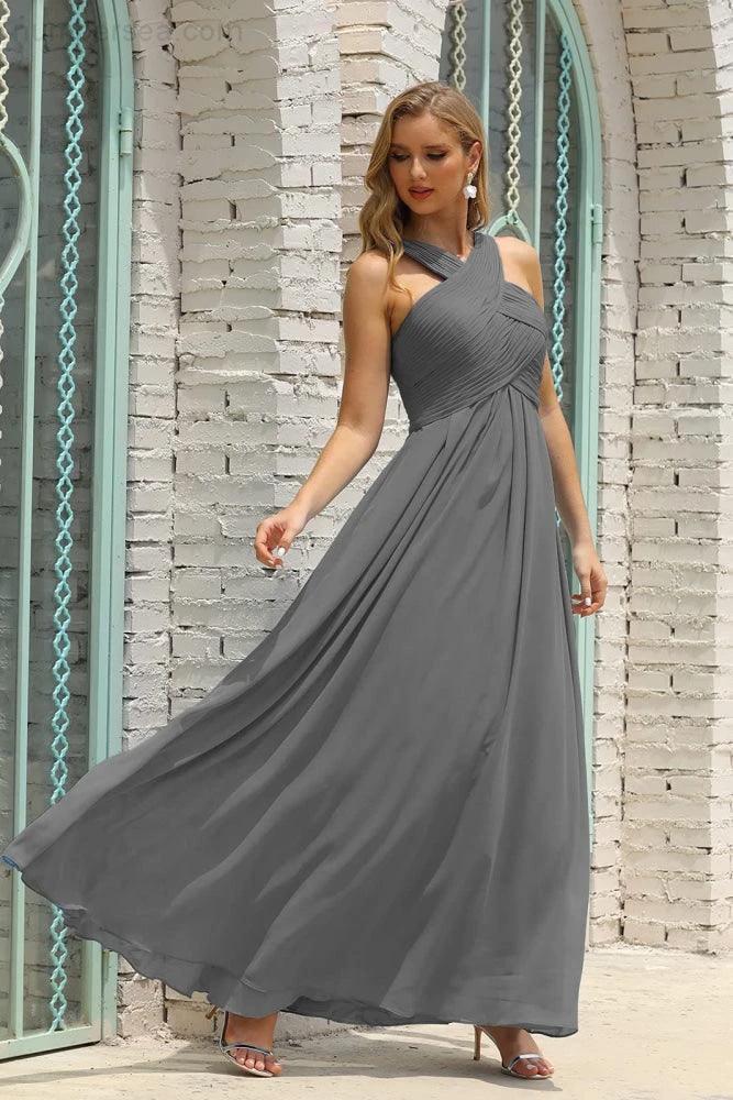 Numbersea Women Halter Chiffon Bridesmaid Dress A-line Long Formal Prom Gown SEA28015 by numbersea