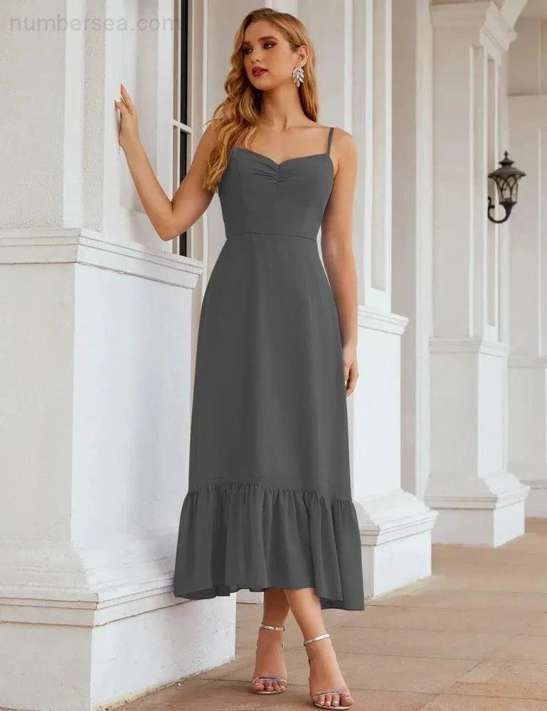 Numbersea Spaghetti Strap Chiffon Bridesmaid Dress Ankle Length Formal A Line Cocktail Party Homecoming Dress for Juniors SEA28028 by numbersea