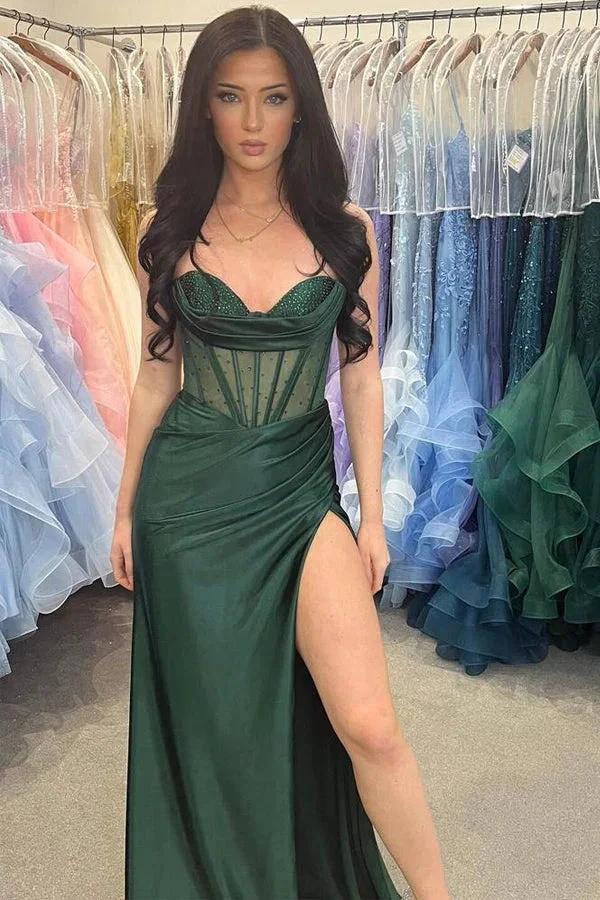 Strapless Beaded Mermaid Hunter Green Prom Dress with Slit PSK590 by Pgmdress