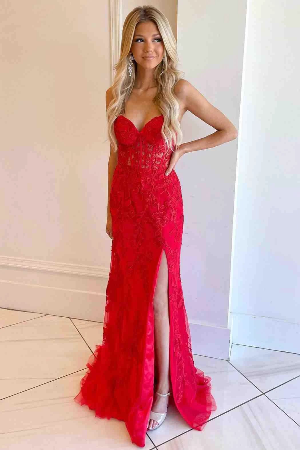 Corset Lace Long Prom Dress With Slit SYP116 by vivymakudress