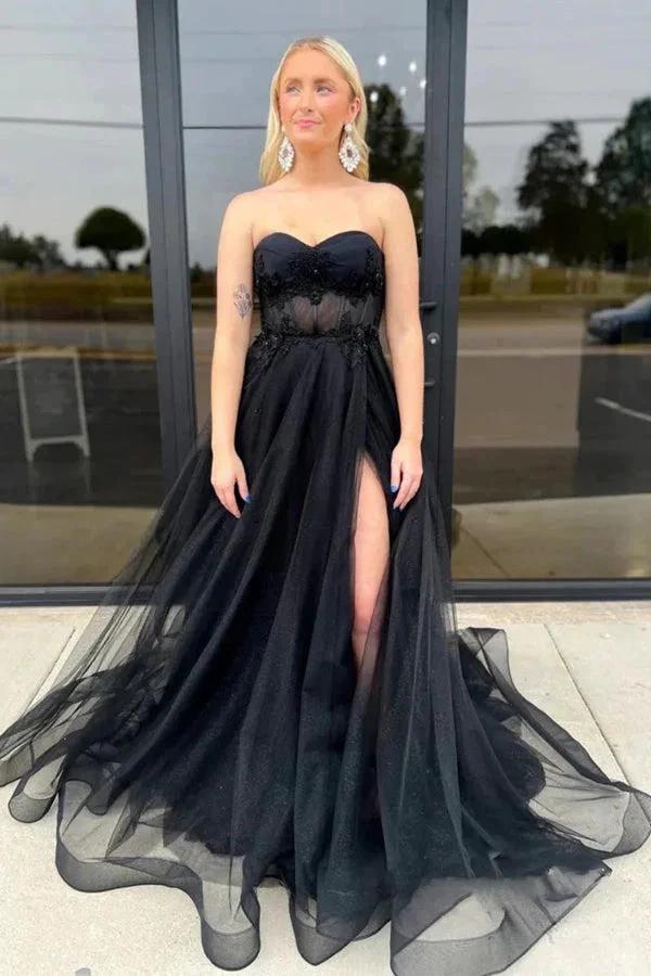 Strapless Black Tulle Long Prom Dresses with Split PSK544 by pgmdress