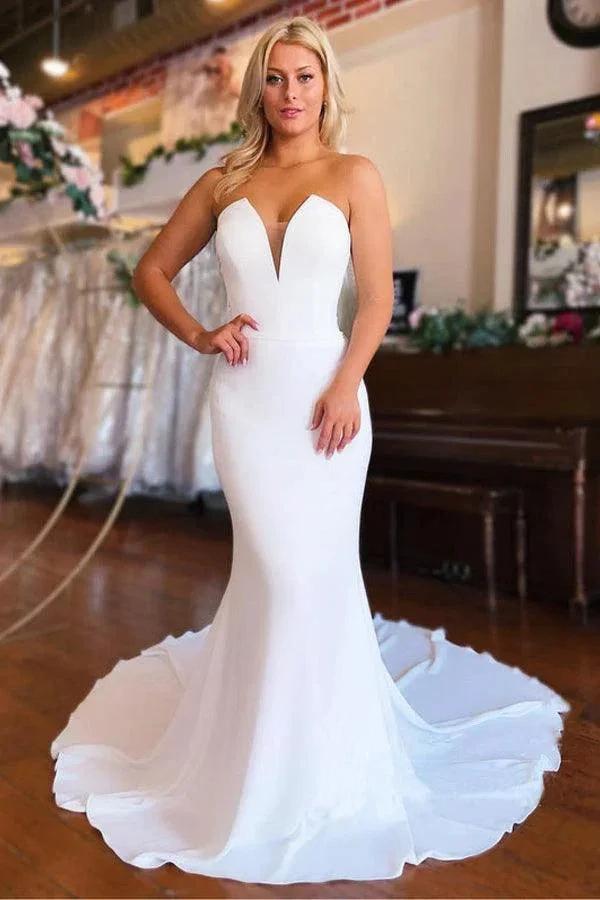 Strapless Chapel Train Mermaid Long Satin Wedding Dresses WD603 by pgmdress