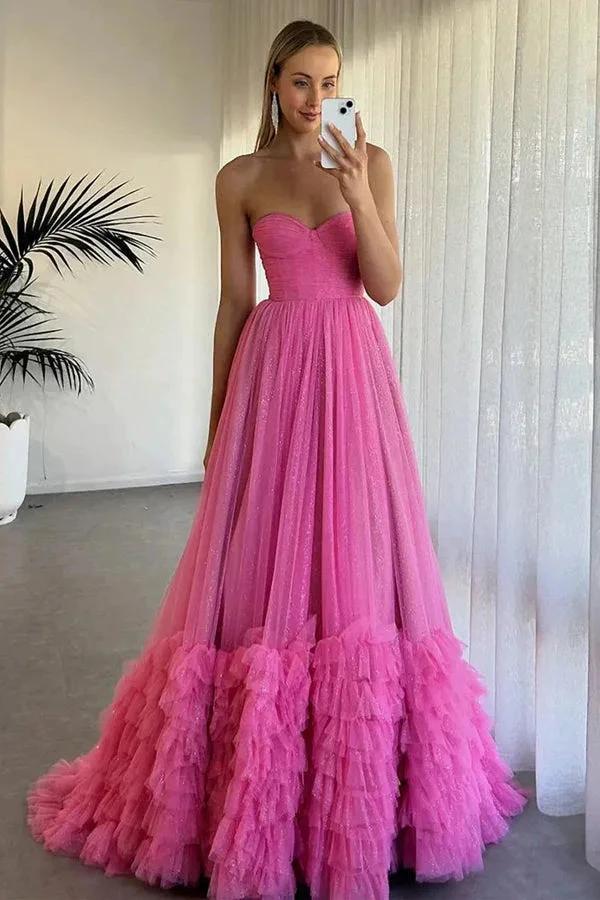 Strapless Corset Ruffles Tulle Fuchsia Long Prom Dress PSK580 by Pgmdress