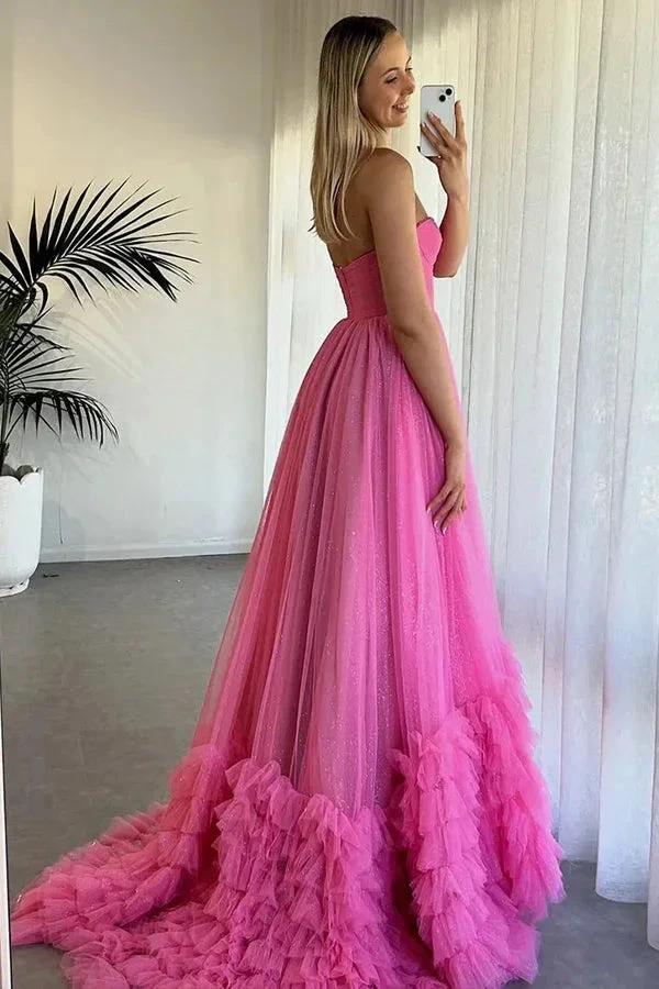 Strapless Corset Ruffles Tulle Fuchsia Long Prom Dress PSK580 by Pgmdress