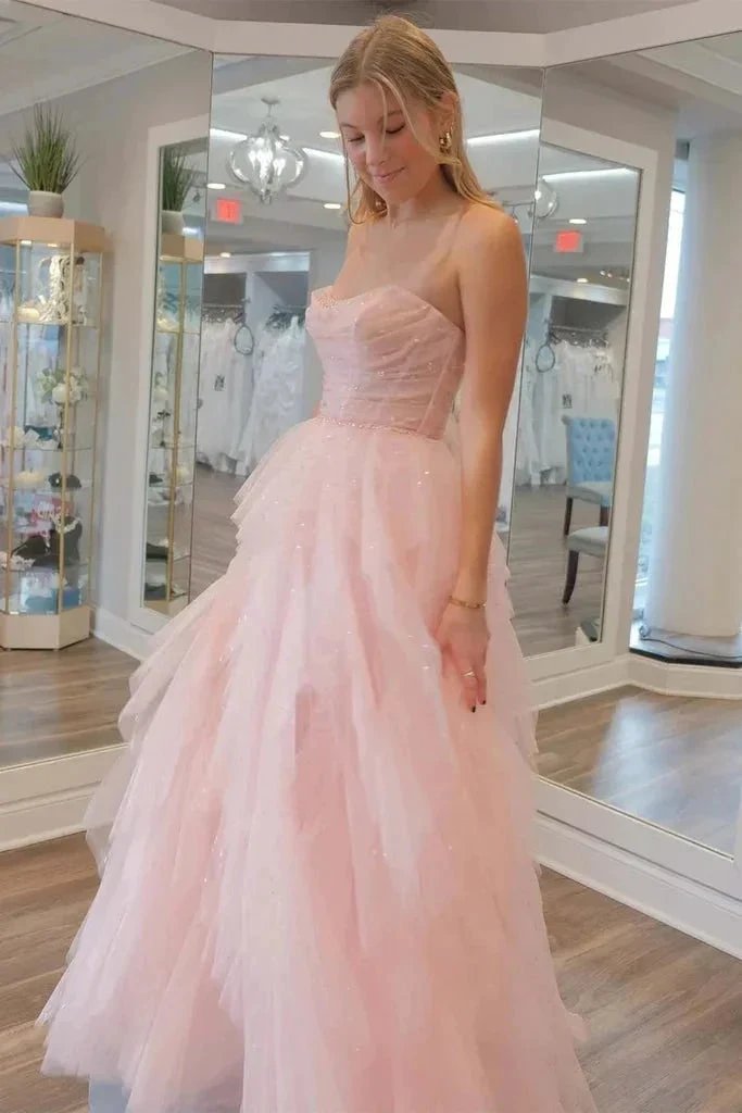 Strapless Light Pink Sequin Beaded Tulle Stunning Prom Dress PSK476 by pgmdress