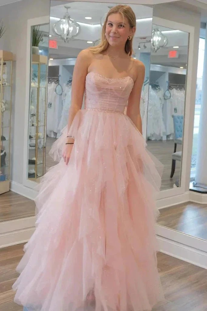 Strapless Light Pink Sequin Beaded Tulle Stunning Prom Dress PSK476 by pgmdress