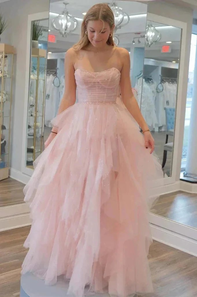 Strapless Light Pink Sequin Beaded Tulle Stunning Prom Dress PSK476 by pgmdress