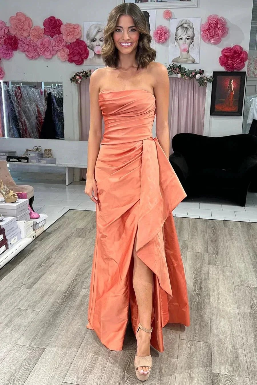 Strapless Ruched Maxi Magenta Prom Dress With Court Train PSK546 by pgmdress