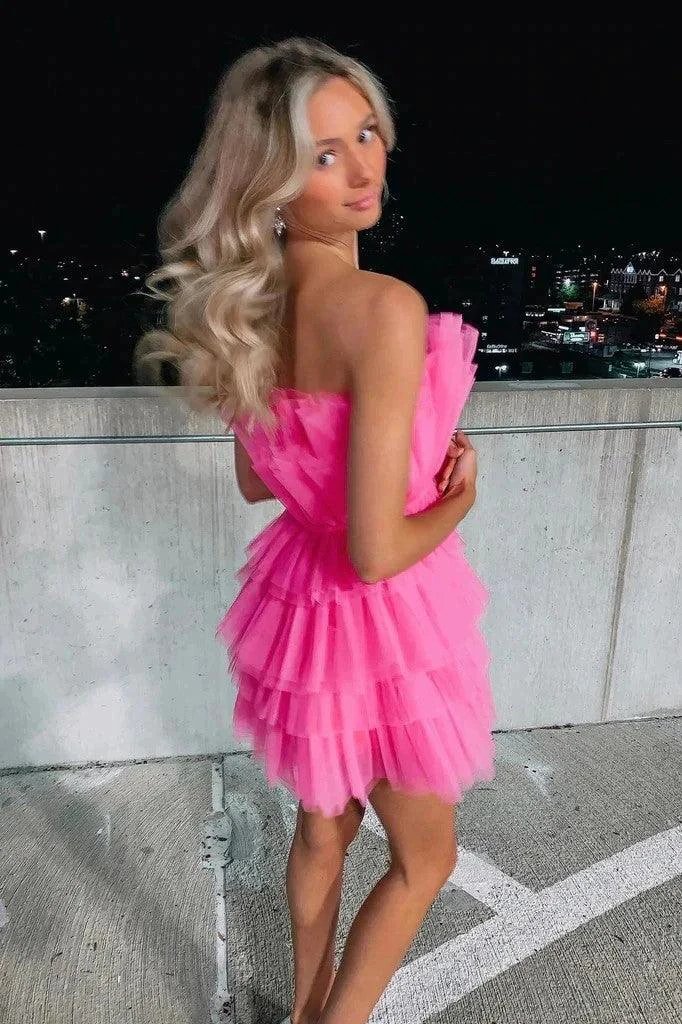 Strapless Tiered Tulle Pink Homecoming Dress Sweet 16 Dress PD556 by pgmdress
