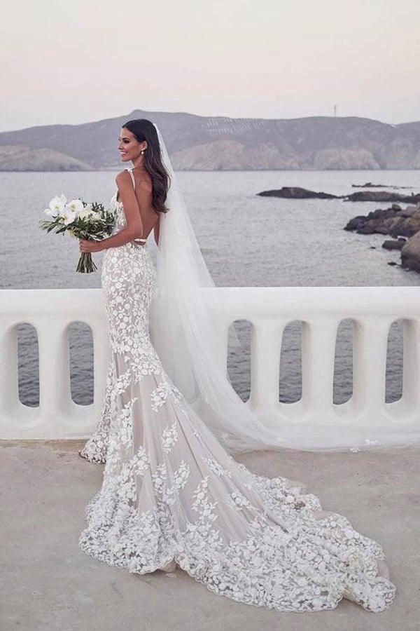 Straps Mermaid Wedding Dresses Lace Appliqued Gowns Wedding Dresses WD574 by pgmdress