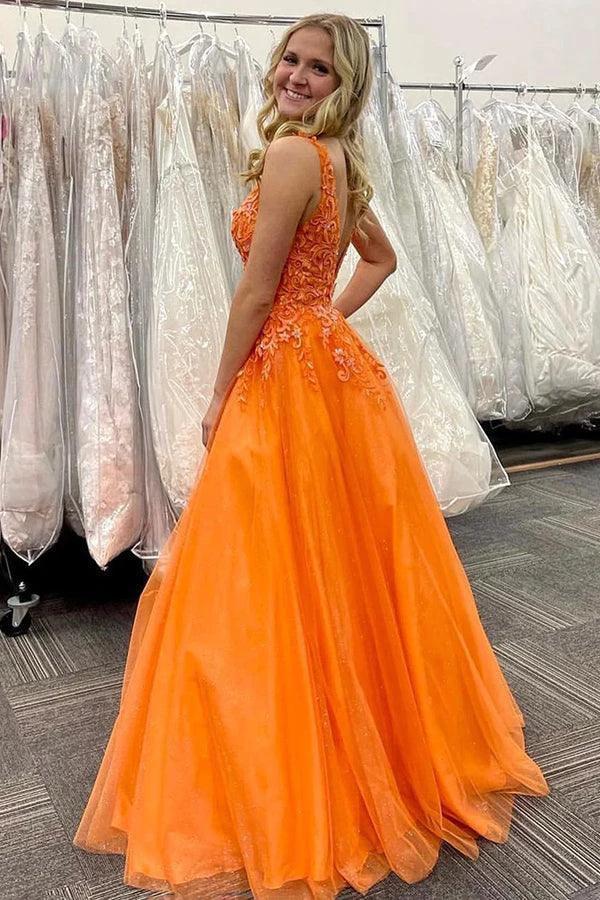 Stunning A-Line V-Neck Orange Long Prom Dress With Appliques PSK434 by pgmdress