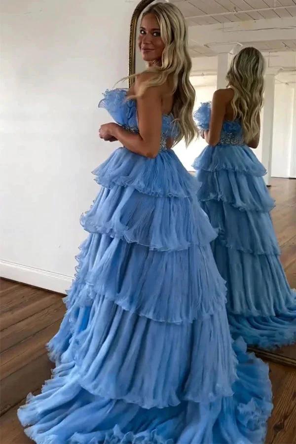 Stylish Blue Strapless A-Line Long Tiered Prom Dress With Belt PSK483 by pgmdress