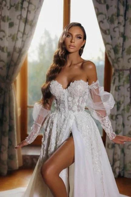 Sweetheart High Neck Bubble Sleeves Princess Wedding Dress by misshow.com