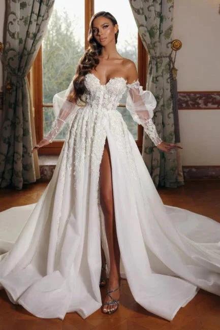 Sweetheart High Neck Bubble Sleeves Princess Wedding Dress by misshow.com