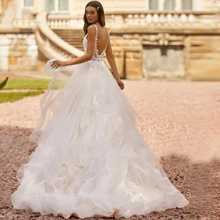 Sweetheart Off Shoulder Sleeveless Beach Deep V-neck Fluffy Wedding Dresses Sexy Lace Backless Applique Elegant Bride Gown 2023 by payinti