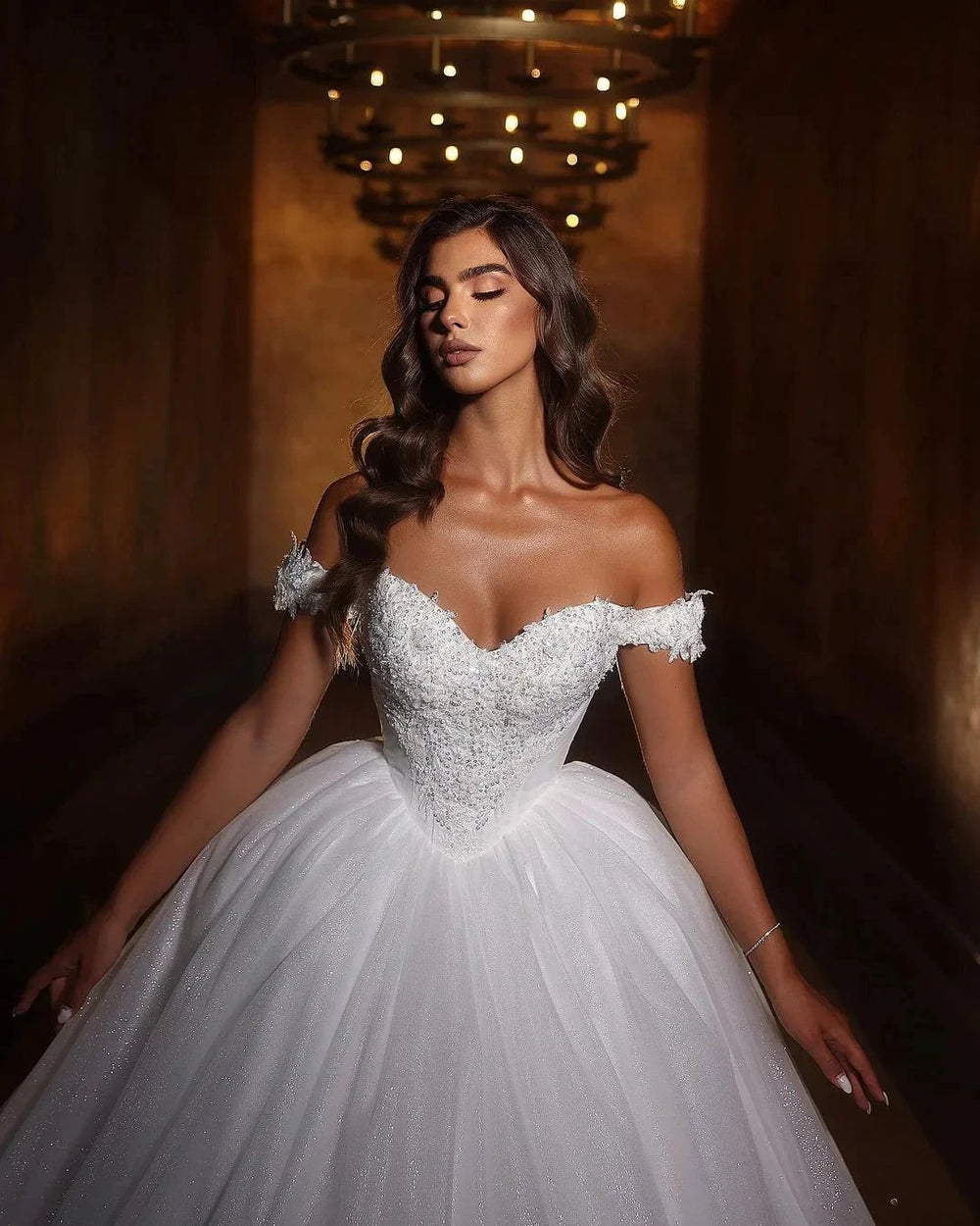 Sweetheart Princess Long White Off-the-shoulder A-line Glitter Wedding Dress With Lace by misshow.com