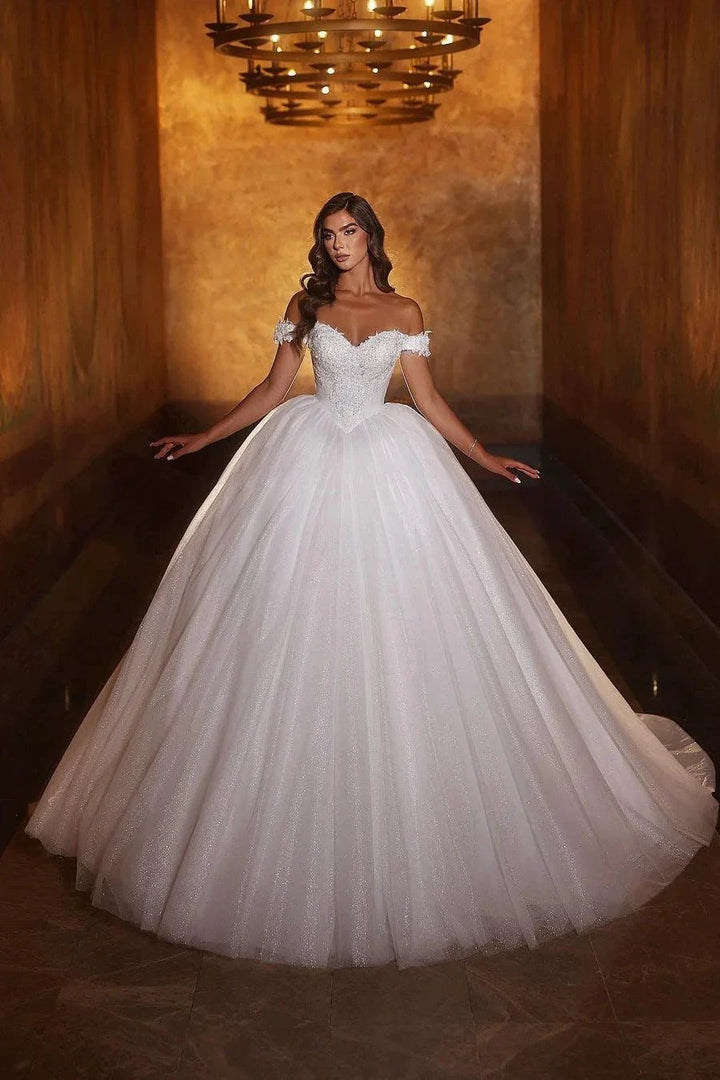 Sweetheart Princess Long White Off-the-shoulder A-line Glitter Wedding Dress With Lace by misshow.com