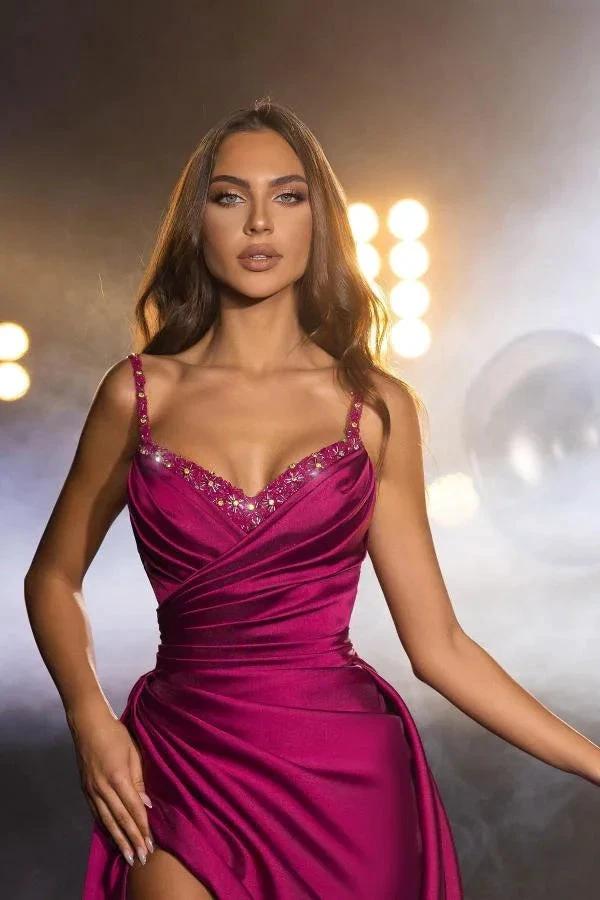 A-line Sweetheart Satin Long Split Front Prom Dresses With Beads by BIZTUNNEL