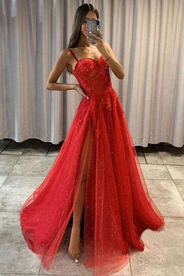 Sweetheart A-line Red Lace Sparkly Tulle Prom Dresses Formal Dresses PSK372 by pgmdress