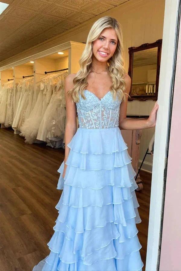 Sweetheart Lace Chiffon Corset Long Prom Dresses Ruffle PSK526 by pgmdress
