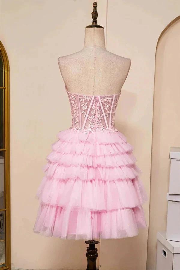Sweetheart Neck Layered Strapless Pink Homecoming Dress PD514 by pgmdress