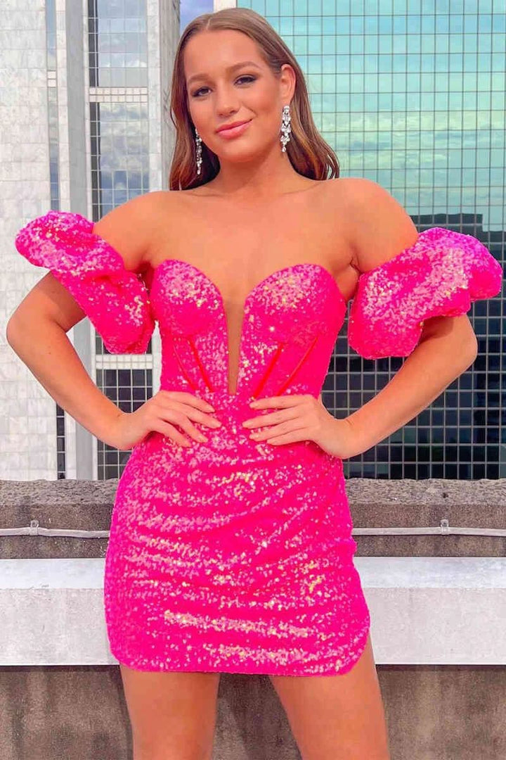 Puff Sleeves Hot Pink Homecoming Dress SYH26 by vivymakudress