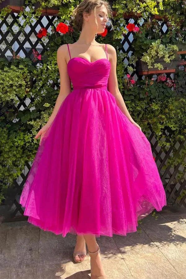 Sweetheart Tea Length Hot Pink Prom Dress Simple Prom Dress PSK565 by pgmdress