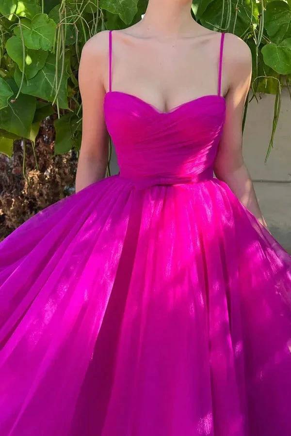 Sweetheart Tea Length Hot Pink Prom Dress Simple Prom Dress PSK565 by pgmdress