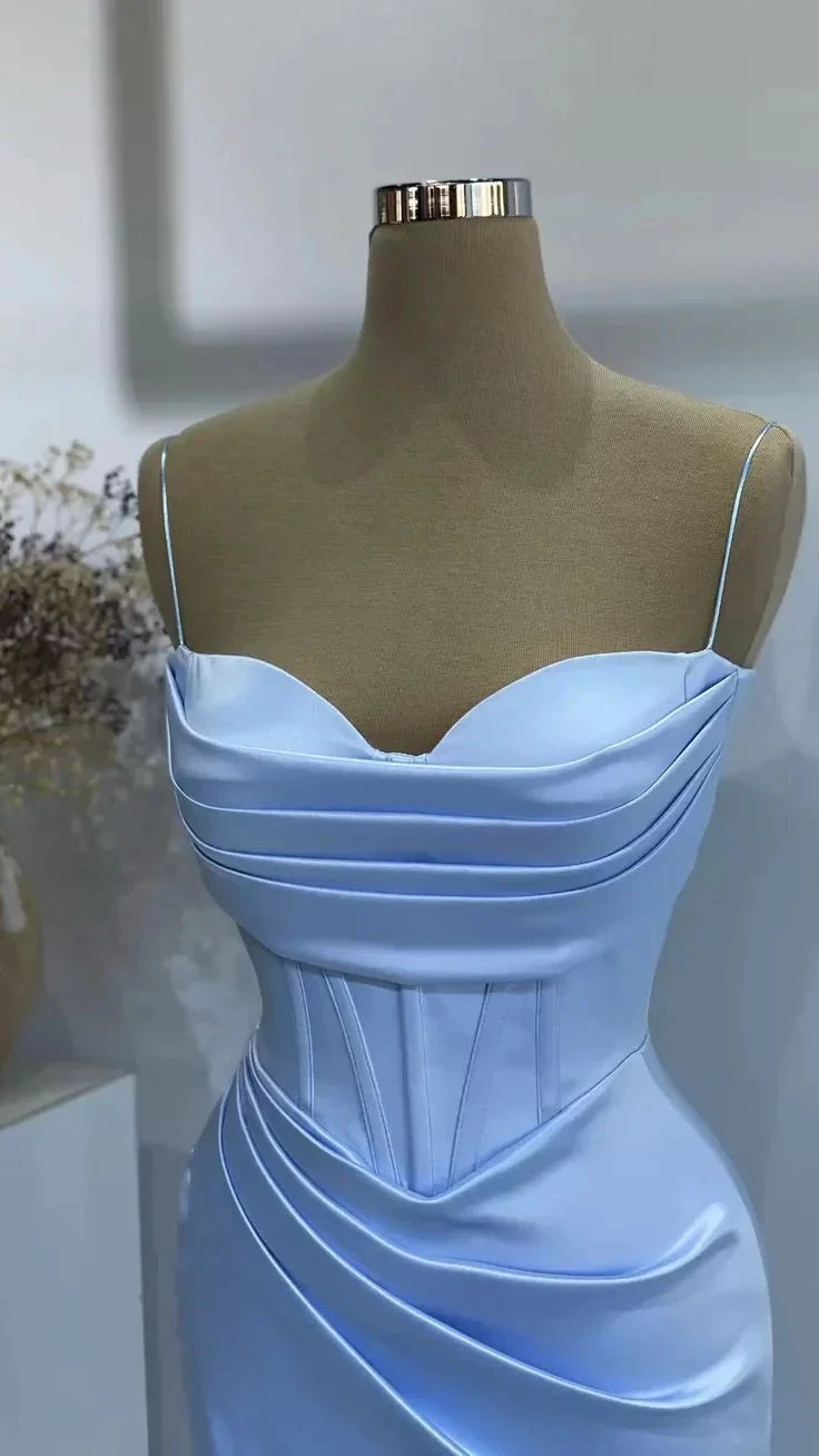 Light blue satin corset dress with spaghetti straps on mannequin, ZAPDRESS fashion