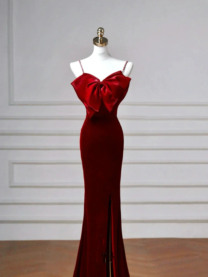 Charming Burgundy Velvet Slit Mermaid Evening Dress Long Prom Dress Y8603 by simplepromdress