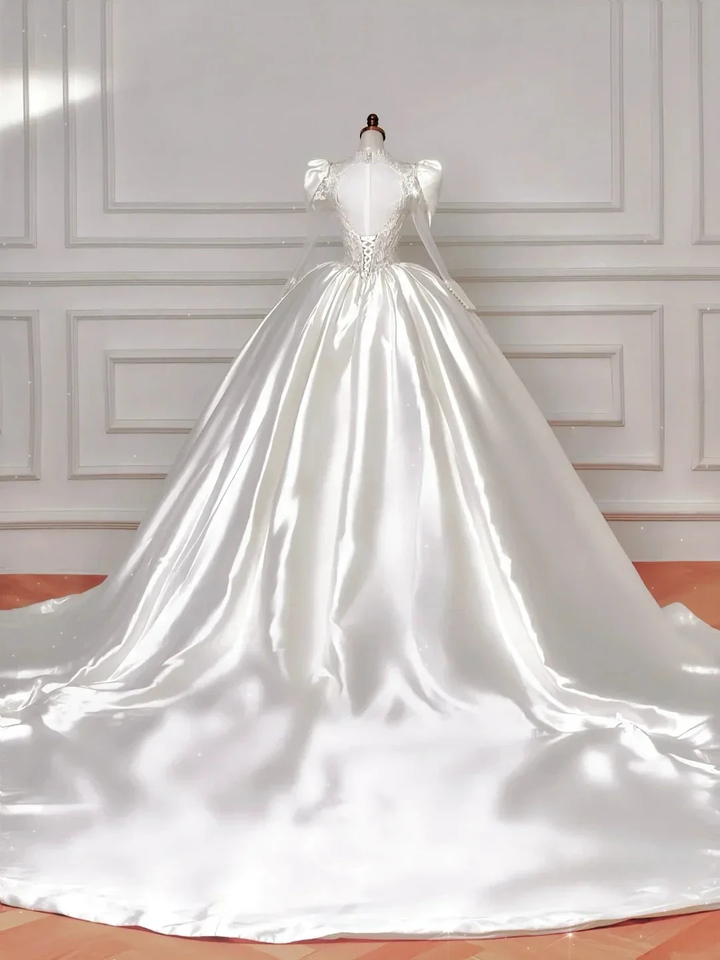 Gorgeous White Satin Lace Appliques A Line Wedding Dress,Formal Prom Dress Y8607 by simplepromdress