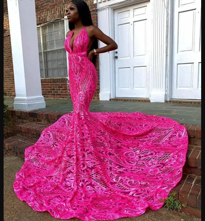 Women's Evening Dresses Long Black Lace Fuchsia African Prom Gowns Y873 by simplepromdress