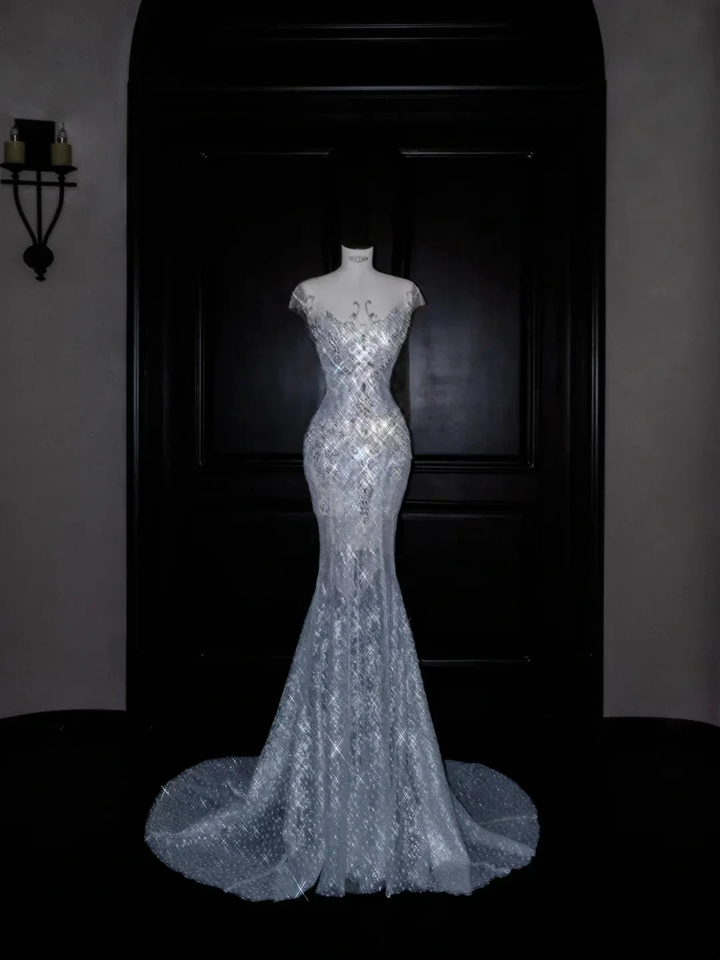 Beautiful Mermaid Sequin Beaded Evening Dress Blue Tulle Prom Dress Y8690 by simplepromdress