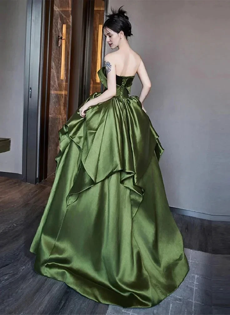 Beautiful Ruched Layered Formal Prom Dress A Line Green Satin Long Ball Gown Evening Dress Y7995 by simplepromdress