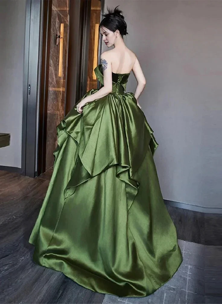 Beautiful Ruched Layered Formal Prom Dress A Line Green Satin Long Ball Gown Evening Dress Y7995 by simplepromdress