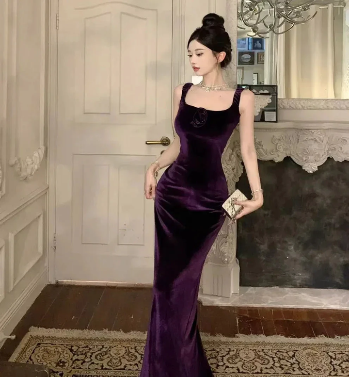 Elegant Velvet Long Sheath Prom Dress Purple Off Shoulder Slit Party Evening Gown Y8131 by simplepromdress