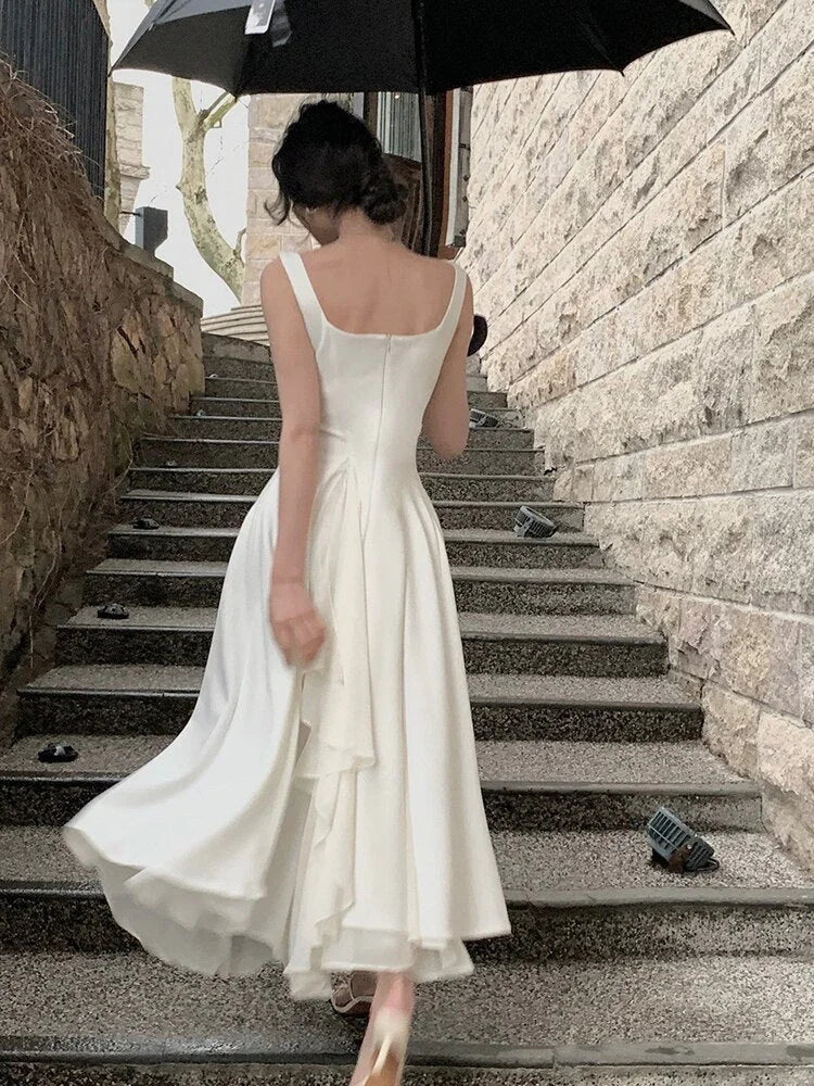 New French White Strap Skirt Elegant Square Neck Evening Dresses Fashion Party Dress Y4486 by simplepromdress
