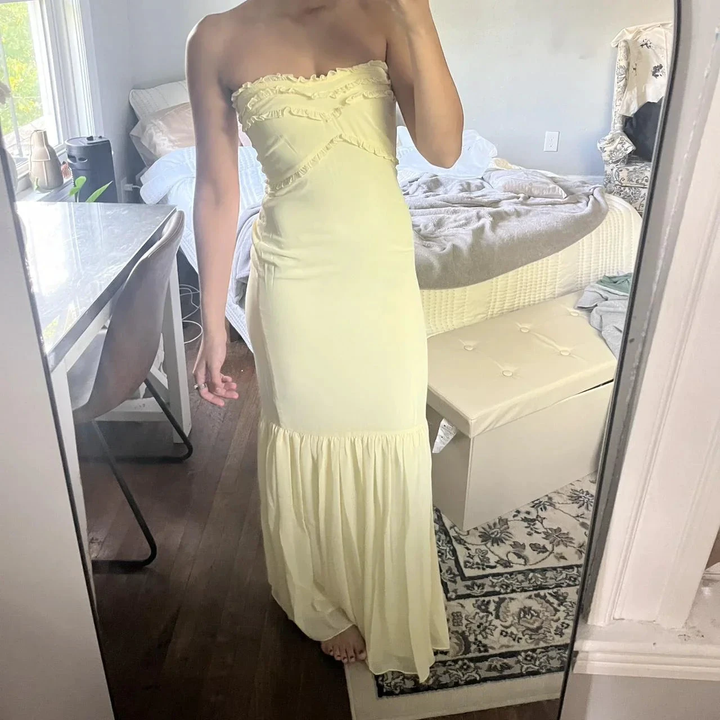 Cute Yellow Strapless Chiffon Ruffles Evening Dress Mermaid Prom Dress Y7896 by simplepromdress